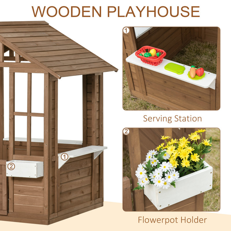 Brown Wooden Outdoor Kids Playhouse with Flowerpot Holders