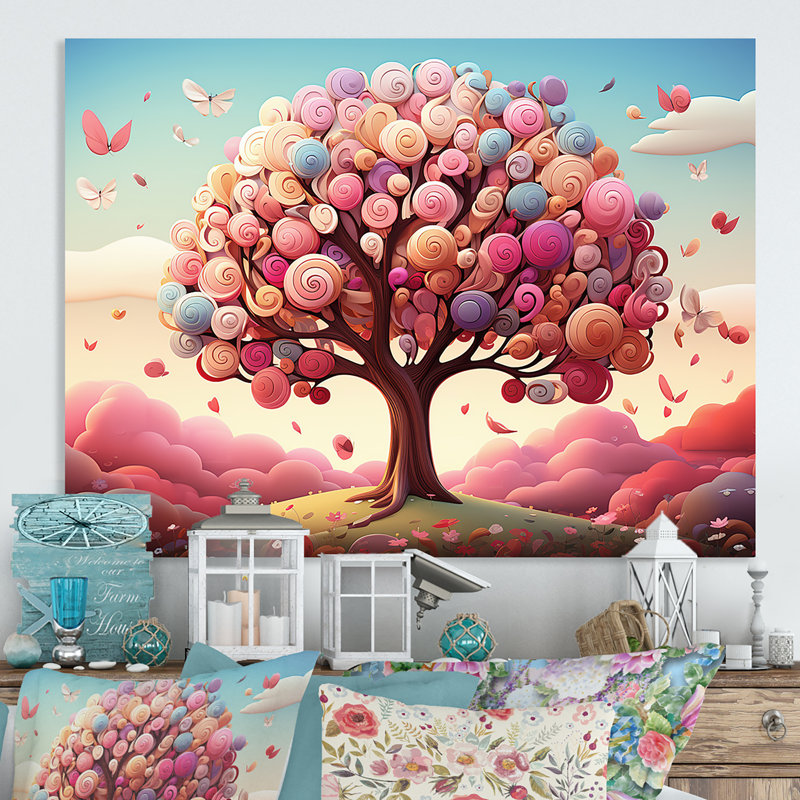 Popart, arbre magique rose et bleu - arbre, art mural en métal, H 12 po x l 20 po x P 1 po