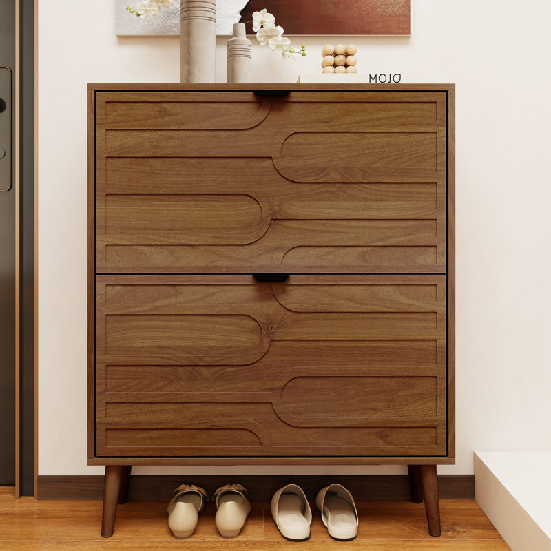 Walnut Shoe Storage Cabinet,Narrow Shoe Cabinet With 2 Flip Drawers,Slim Wood Shoes Cupboard For Entryway