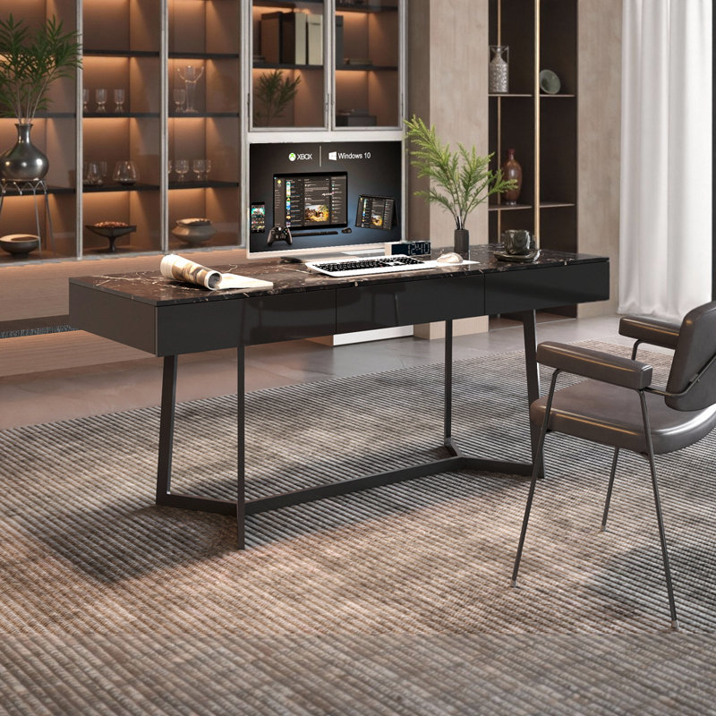 Bureau d'ordinateur 70 po noir avec pieds en forme de Y - Bureau de direction, bureau en coin pour bureau à domicile