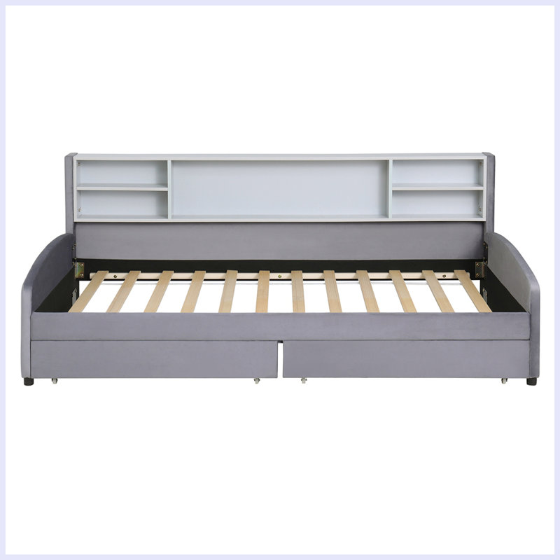 Lit plateforme tapissier simple en velours | avec tiroirs de rangement à roulement en douceur et tablette latérale intégrée | Tête de lit moelleuse pour le confort | Structure robuste | Idéal pour la chambre à coucher et les petits espaces