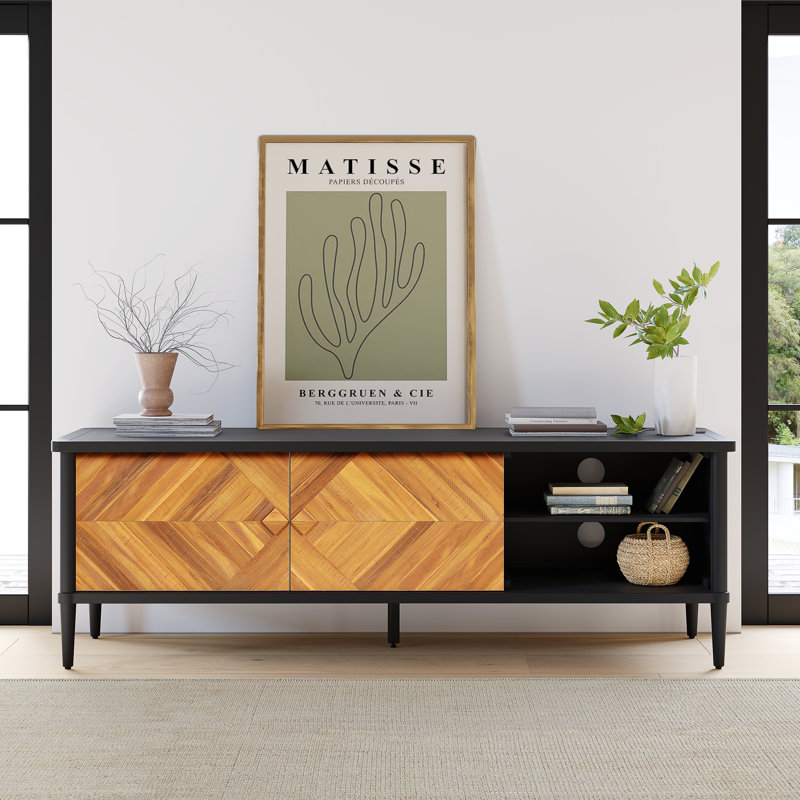 Cartlin 63" Mid-Century TV Stand with Chevron Doors & Adjustable Shelves - Mystic Finish, Teak