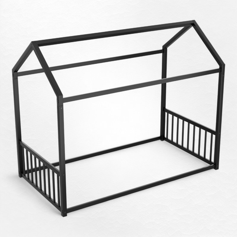 Metal Canopy Bed Floor House Bed, Twin, Black