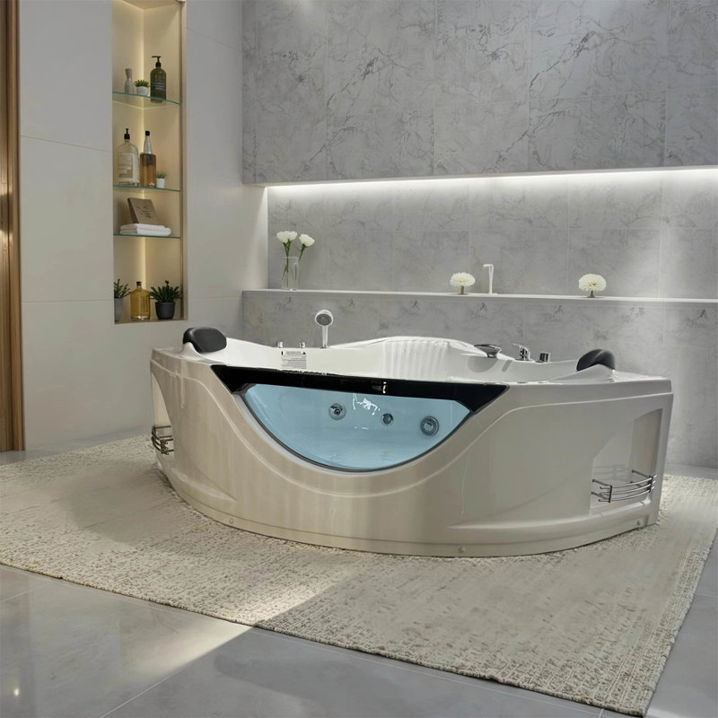 59" Corner Whirlpool Bathtub For 2-Person, Luxury Jetted Spa Tub With 6 Hydro Massage Jets, Chromatherapy LED Lights &Pneumatic Adjust System, UL Certified Water Pump,UPC Certified Drainer