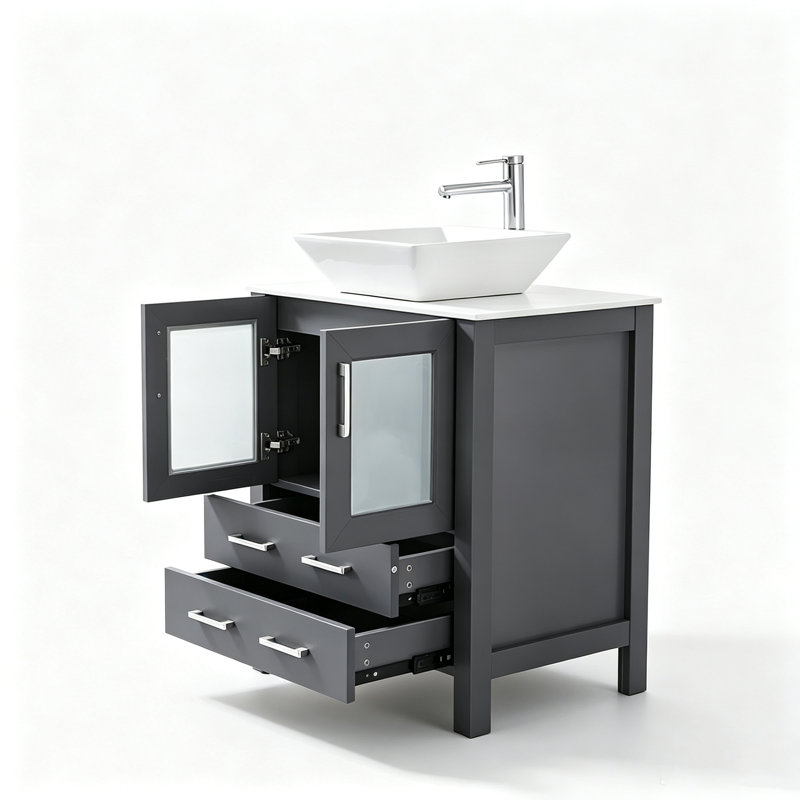 30" Modern Freestanding Bathroom Vanity With Vessel Ceramic Top, Silver