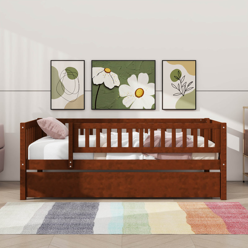 Wooden Daybed With Underbed Trundle And Fence-Style Guardrails, Walnut, Twin