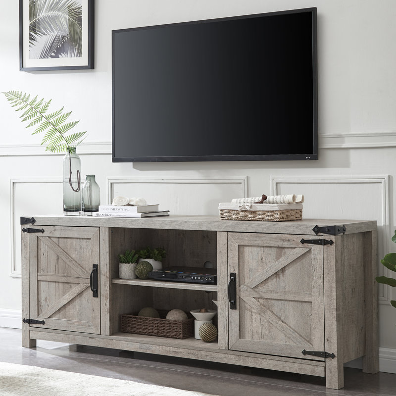 Laquela Farmhouse TV Stand for TVs Up to 75“, Wood Barn Door Media Console Table, Gray