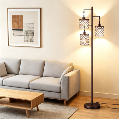 Lampe sur pied Farmhouse de 72 pouces de haut avec télécommande et interrupteur au pied, lampe sur pied à intensité variable avec 3 ampoules DEL de 9 W incluses, température de couleur 3000K-6500K, lampe de poteau d'arbre industrielle pour le salon et la chambre à coucher