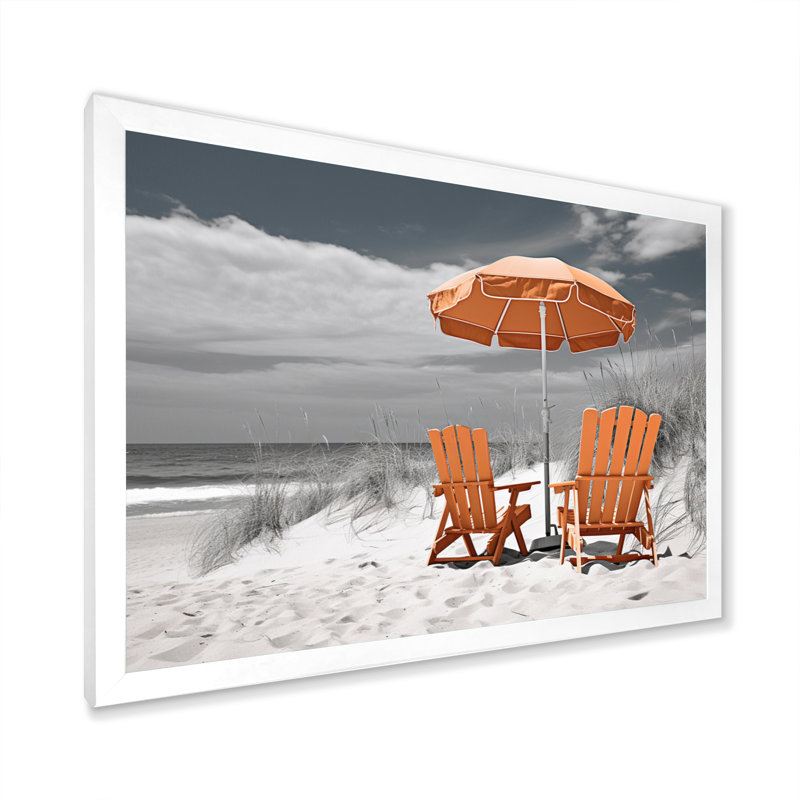 Plage, bord de mer, nostalgie noire III - impression, Cadre simple blanc, H 16 po x l 32 po x P 1 po