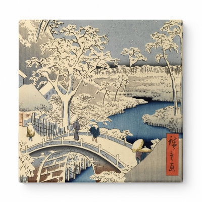 Drum Bridge and Yuhi Hill at Meguro (1857) — Square Canvas Wall Art