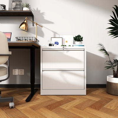 Classeur latéral en métal 2 tiroirs pour bureau à domicile, espace de rangement généreux, tiroirs à roulement, classeur à clé pliable blanc avec serrure, matériau antirouille, fonctionnement silencieux, verrouillage