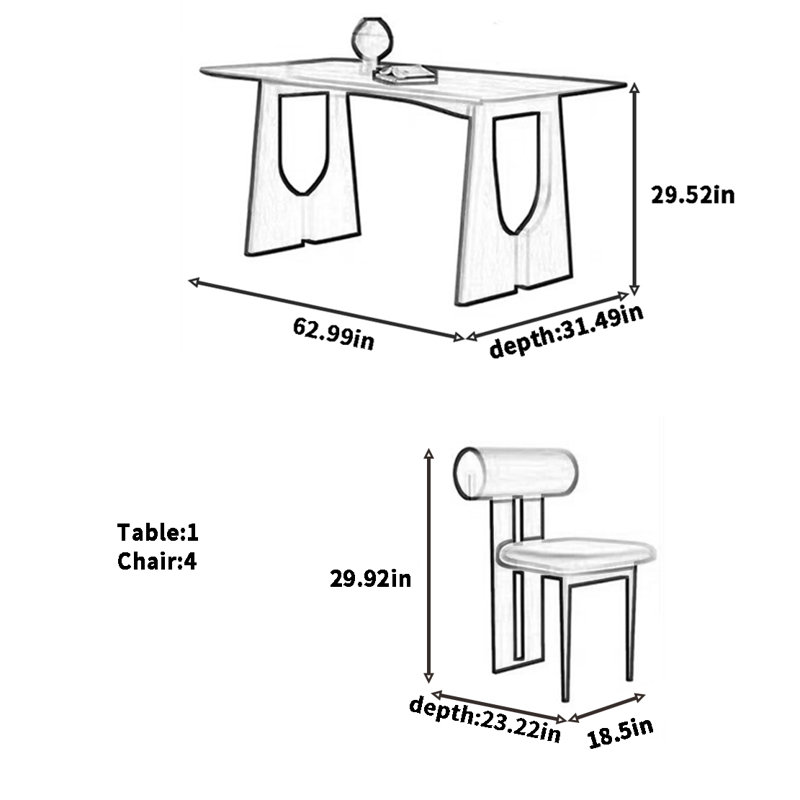 Ensemble de table à manger et de chaises de style rétro français, H 29,52 po x L 62,99 po x l 31,49 po