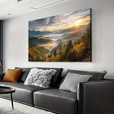Rustic Vintage Great Smoky Mountains National Park Landscape, Large Gallery Wrapped Canvas Wall Art Print for Living Room & Bedroom