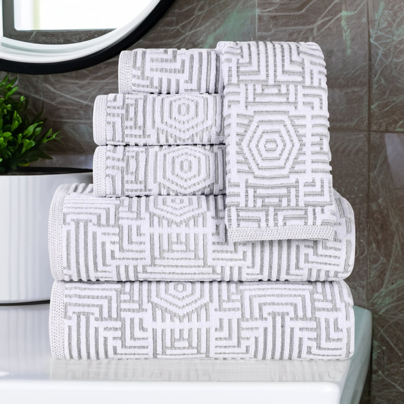 Ensemble de serviettes de bain 6 pièces en coton à motif géométrique doux et très absorbant, Platine