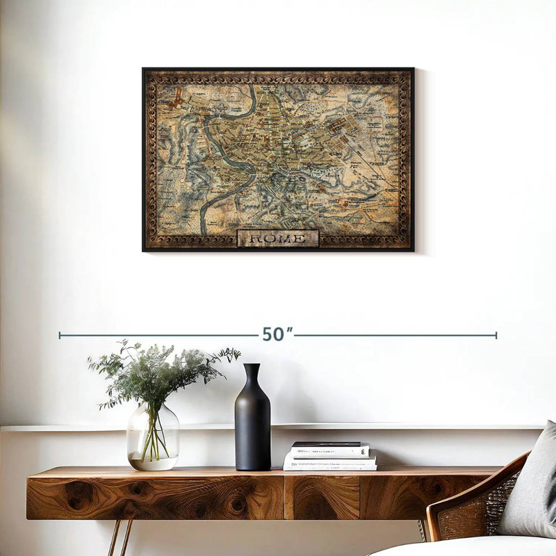 Carte rétro de la ville de Rome, Cadre flottant noir, 31 po x 21 po