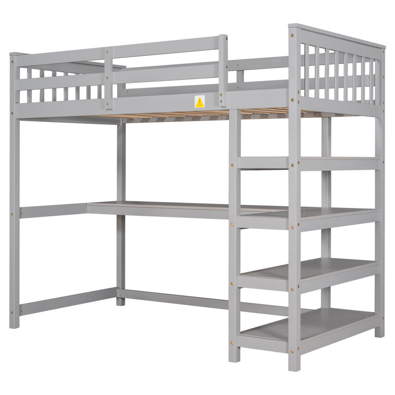 Grand lit mezzanine avec tablettes de rangement et bureau sous le lit, gris