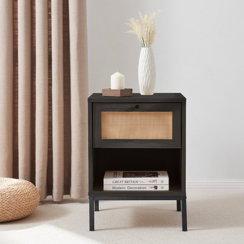 Nestl Wooden Rattan Nightstand End Table with Drawer, Black, 1