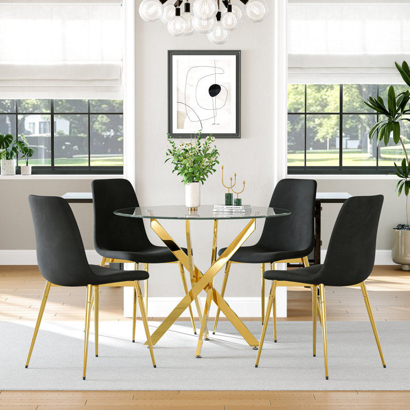 Round Glass Dining Table Set, 36" Clear Tempered Glass Tabletop With 4 Velvet Dining Chairs(Set Of 5), Gold/Black/Gold