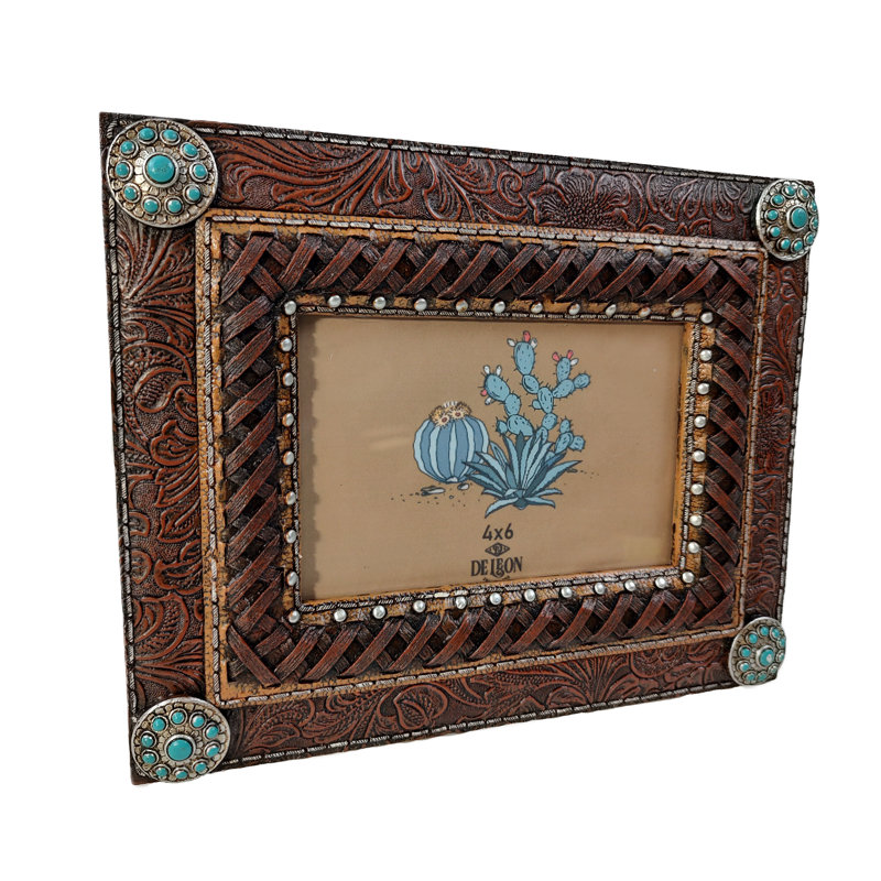 Rustic Brown Leather 6" x 4" Tabletop Photo Frame with Turquoise Conchos