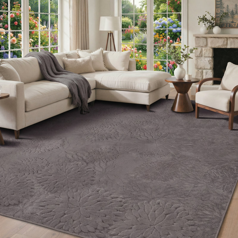 Tapis d'intérieur beige antidérapant à motif floral pelucheux et doux, Rectangle 6 pi x 9 pi, Beige