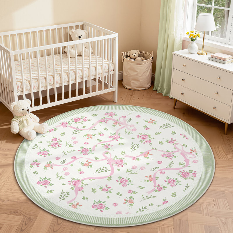 Washable Area Rug Bow Décor, Round 6', Green/Pink