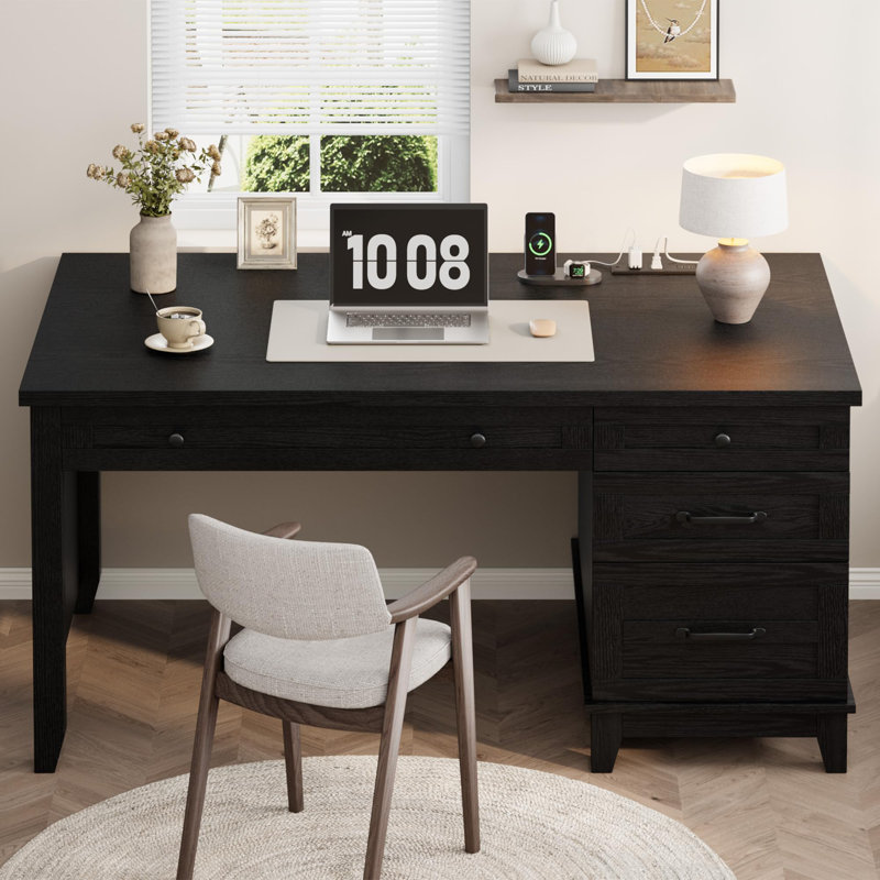 53.5" Farmhouse Executive Office Desk with Power Outlets and USB Ports, Wooden Writing Table with Storage Drawers and Adjustable File Cabinet-Black