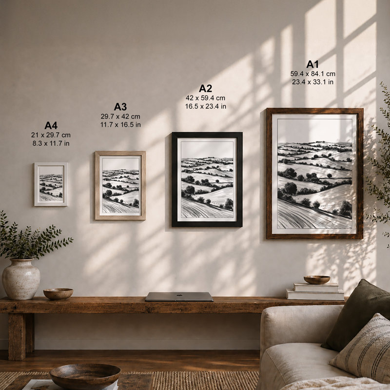 Agricultural Landscape Minimalist - Framed Print, Black, A4 - 29.7 x 21.0 cm