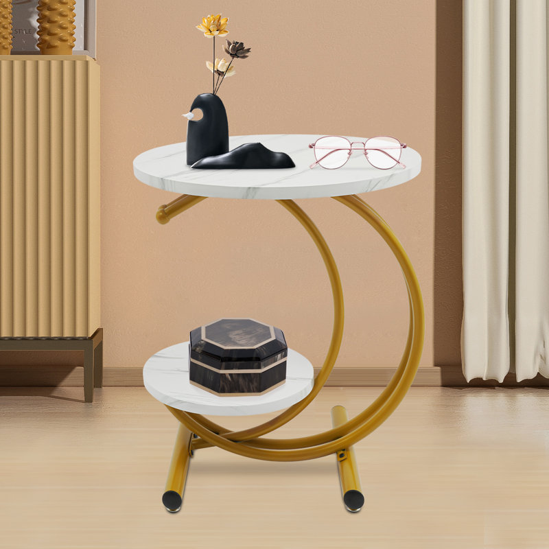 Table d'appoint ronde à 2 niveaux, Blanc, Doré