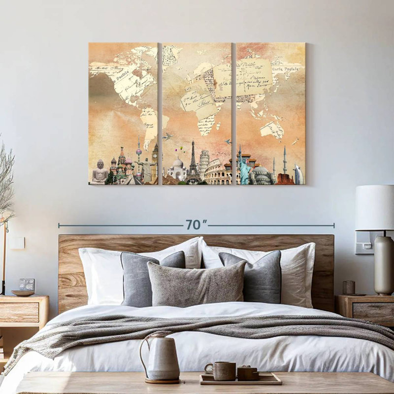 " Postcard World Map " 3 - Pieces, 36" H x 57" W x 1.25" D