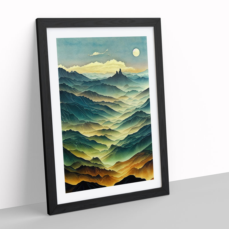 Painting Of A Mountain Landscape No.5 - Print, Black Framed, 66cm H x 48cm W, White