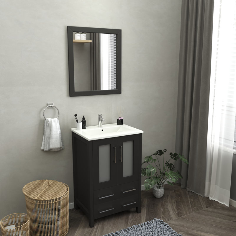 Ensemble de meuble-lavabo autoportant 24 po avec plateau en céramique et miroir assorti Brescia, Espresso