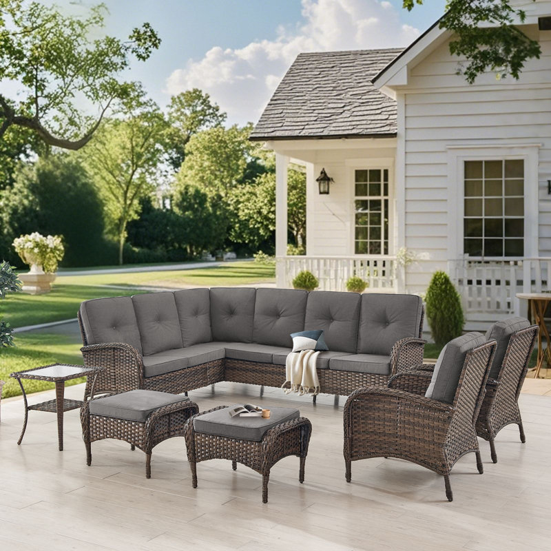  Valierius L-Shaped Outdoor Sectional Sofa Set With Patio Chairs, Ottomans & Side Table, Gray