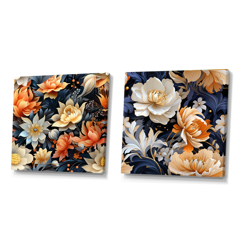 Beige éthéré Elegance Floral Blooms - ensemble de collage carré floral de 2, Toile tendue, H 16 po x l 33 po