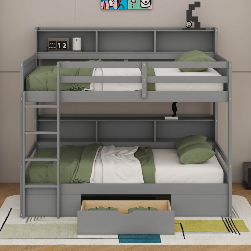 Lit superposé avec tablettes intégrées à côté des lits supérieur et inférieur et tiroir de rangement, Gris