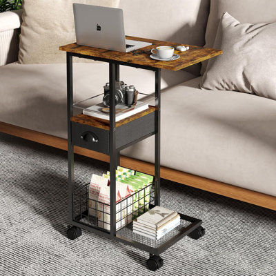 C Shaped Sofa Side Table: Couch End Table With Drawer - Bedside Table With Wheels - 19.7''L X 11.8''W X 28''H - C Mobile Tables With Storage Basket For Living Room Bedroom