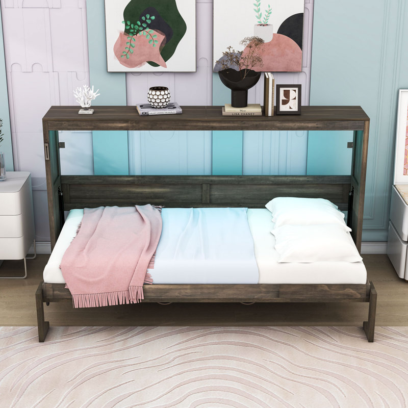 Lit escamotable simple en bois avec lattes et éclairage DEL, Brun
