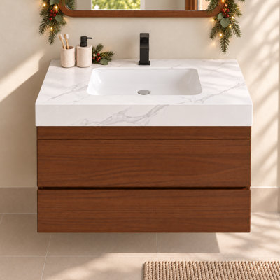 Meuble-lavabo flottant mural moderne de 30 po, meuble-lavabo simple avec comptoir en faux marbre et lavabo en céramique, tiroirs à fermeture en douceur, peu encombrant