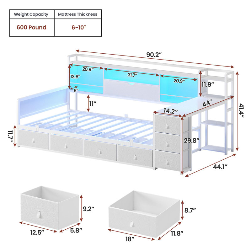 Twin Daybed Corner Bed Frame With 7 Drawers, Desk And Bookcase Storage, Metal Platform  Bed With Charging Station, White
