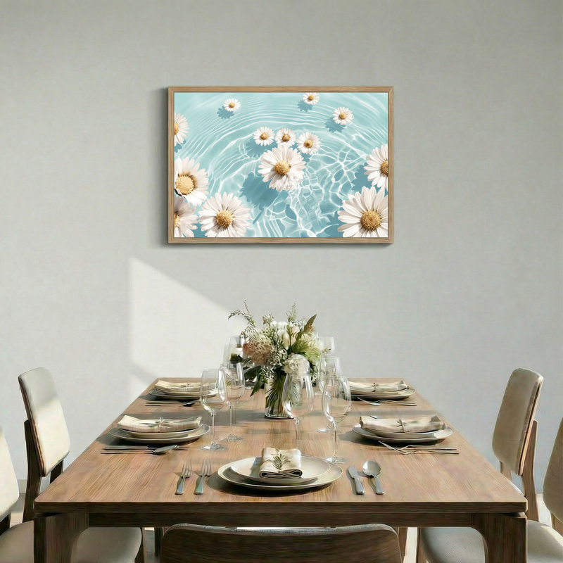 «White Daisies» flottant sur des ondulations d'eau bleu sarcelle, art mural, H 36 po x l 48 po