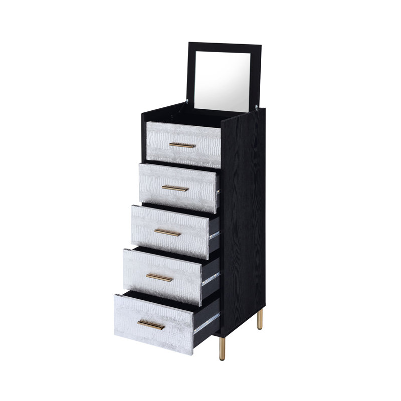 Armoire à bijoux noire et argentée à 4 tiroirs avec plateau relevable