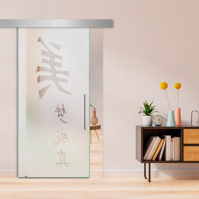 Porte de grange coulissante en verre sans cadre avec lettres givrées et ensemble de quincaillerie (semi-privée)