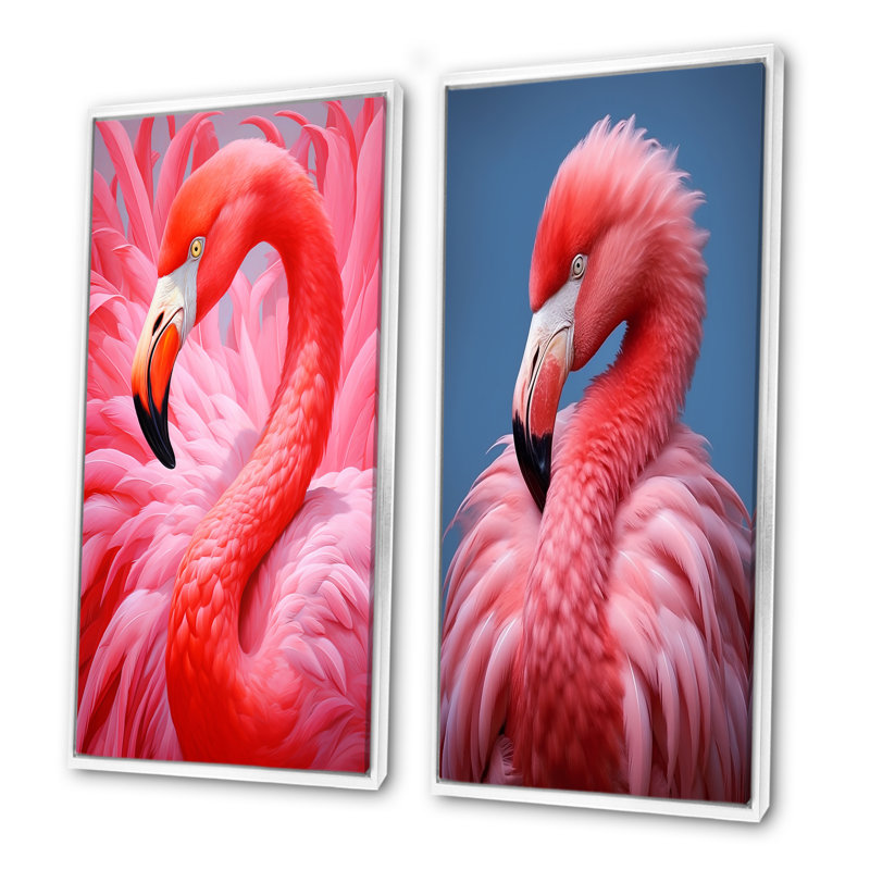 «Pink Flamingo Haven», ensemble d'art mural sur toile Flamingo, Cadre blanc, H 32 po x l 33 po