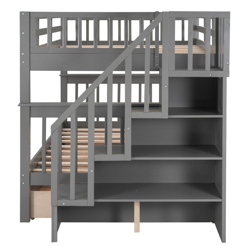 Lit superposé d'escalier de chambre à coucher avec tiroir et rangement, rangement gris pour la chambre à coucher, solidité