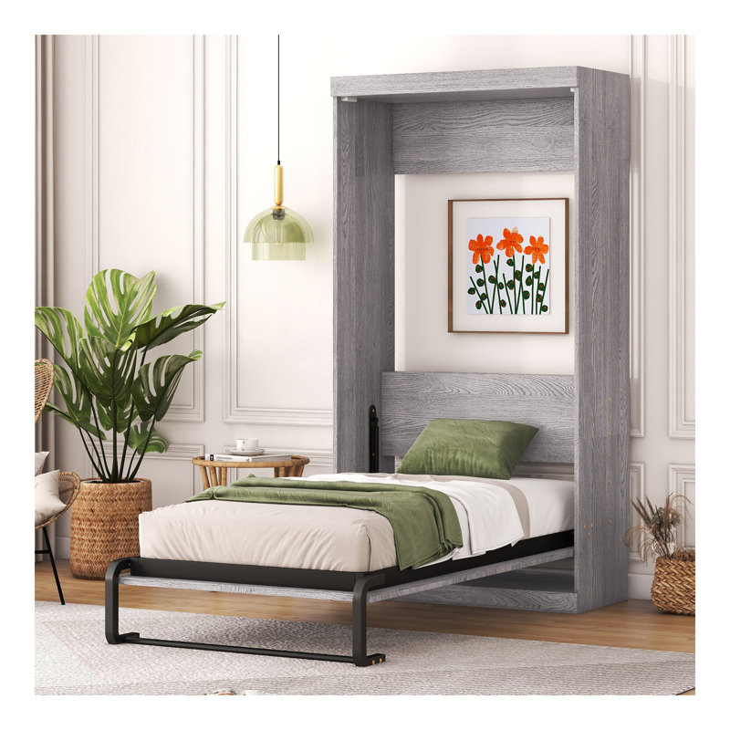Lit escamotable simple, peut être plié dans une armoire, gris