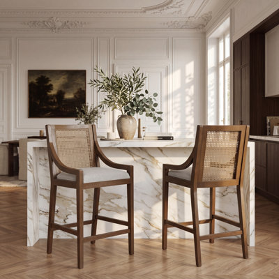Jorah 26.85'' Seat Height French Country Fabric Upholstered Counter Stool with Solid Wood Frame & Handwoven Cane Back for Kitchen Island & Dining Room