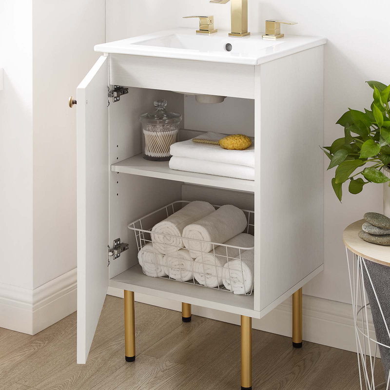 Meuble-lavabo simple 17,5 po avec plateau en bois Modway, Blanc, Blanc / doré