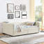 Lit de jour avec lit gigogne, option de rangement de tiroir, grand lit, rembourré, boucle beige, rayures élégantes, expérience d'assise confortable, solution manuelle d'installation facile, rembourrage vertical, marches