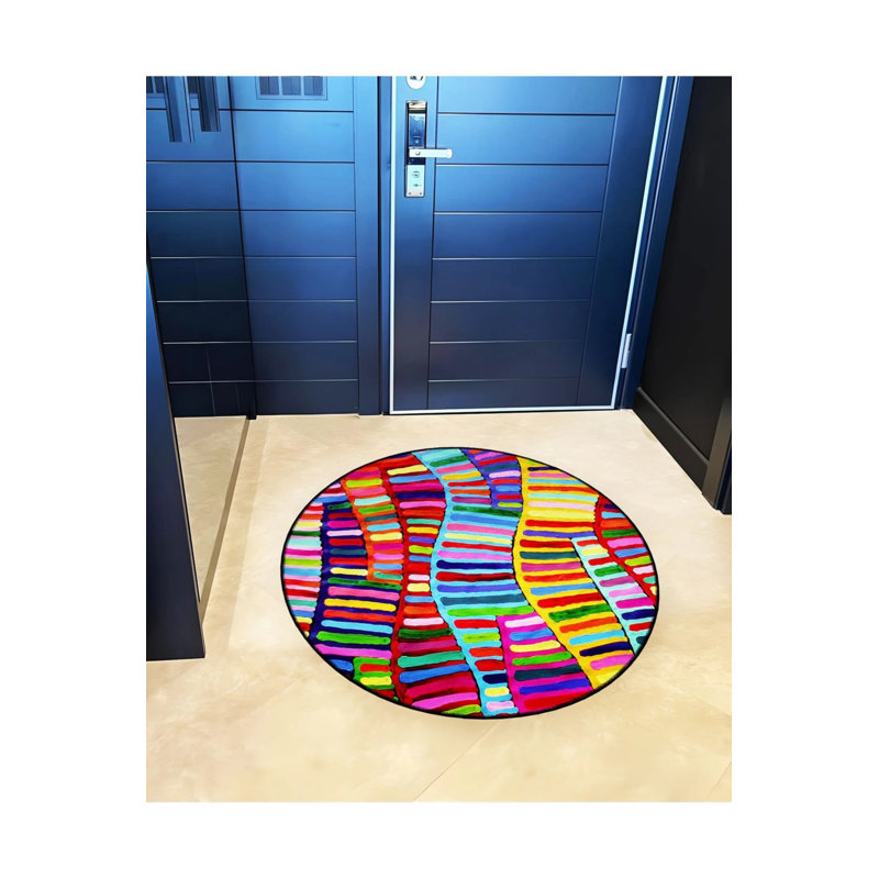 Multicolored Wavy Shapes Woven Base Modern Decorative Carpet, Round 3'4"