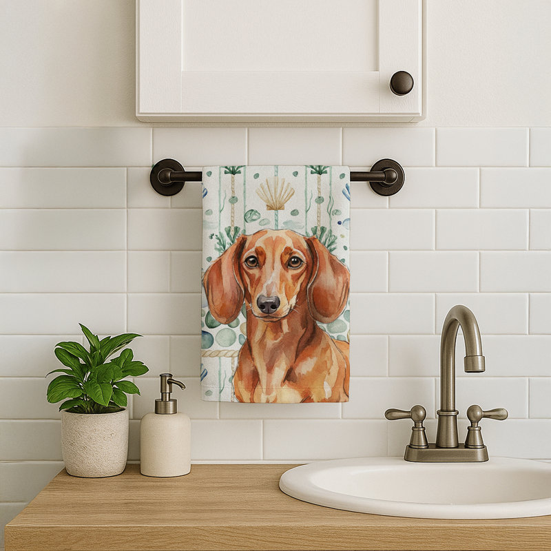 Serviette de cuisine blanche en verre de mer à épagneul tibétain blanc, Teckel brun fauve
