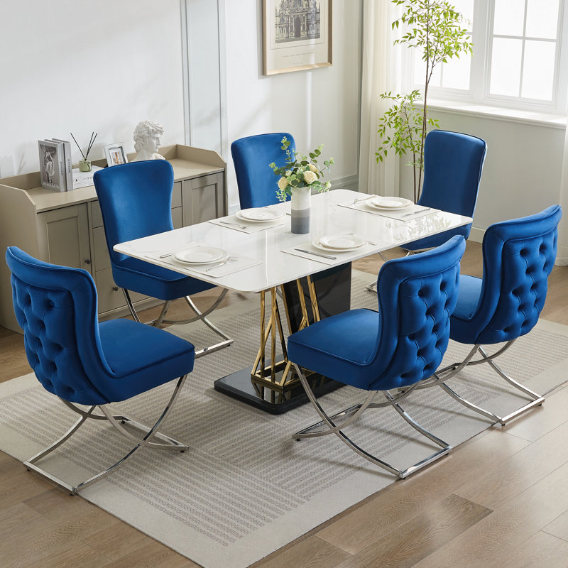 Tufted Velvet Upholstered Dining Chair with Silver Metal X-Legs, Navy